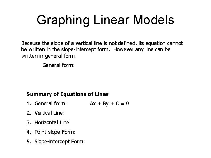 Graphing Linear Models Because the slope of a vertical line is not defined, its