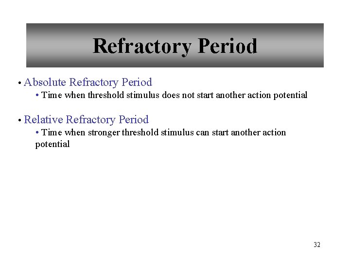 Refractory Period • Absolute Refractory Period • Time when threshold stimulus does not start