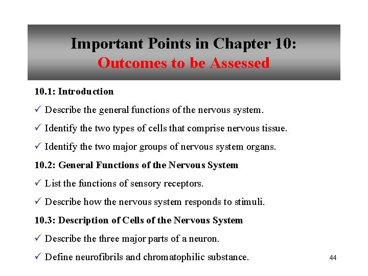 Important Points in Chapter 10: Outcomes to be Assessed 10. 1: Introduction ü Describe