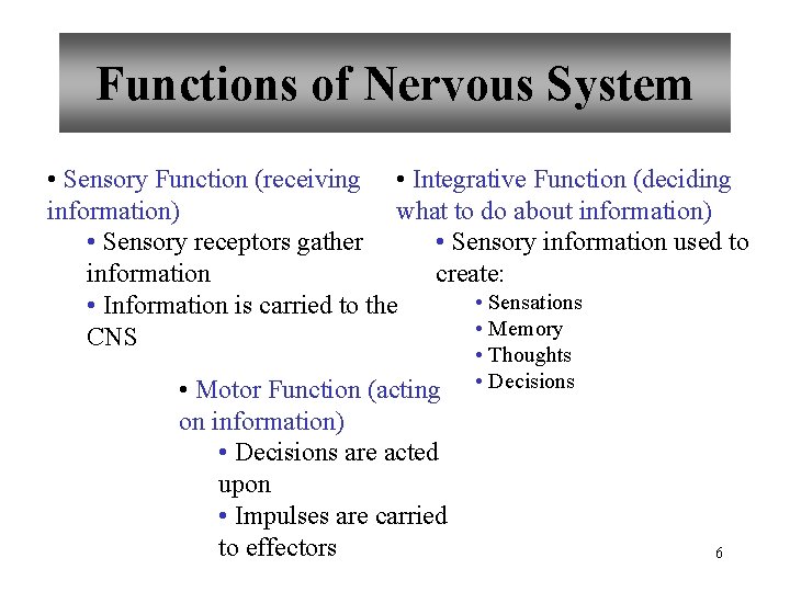 Functions of Nervous System • Sensory Function (receiving • Integrative Function (deciding information) what
