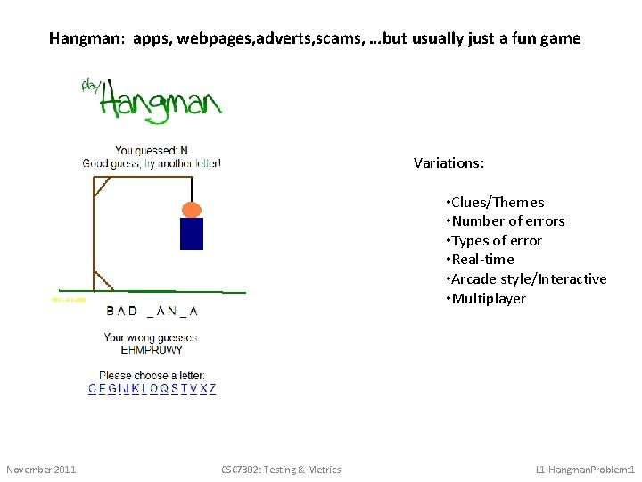 Hangman: apps, webpages, adverts, scams, …but usually just a fun game Variations: • Clues/Themes