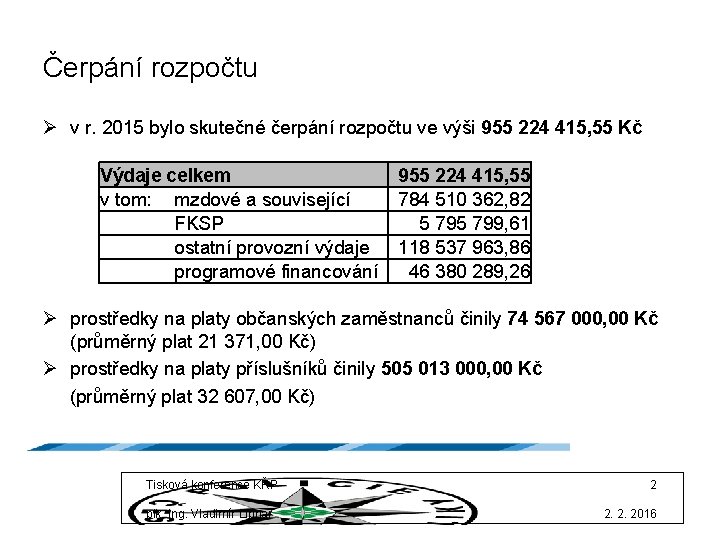 Čerpání rozpočtu Ø v r. 2015 bylo skutečné čerpání rozpočtu ve výši 955 224