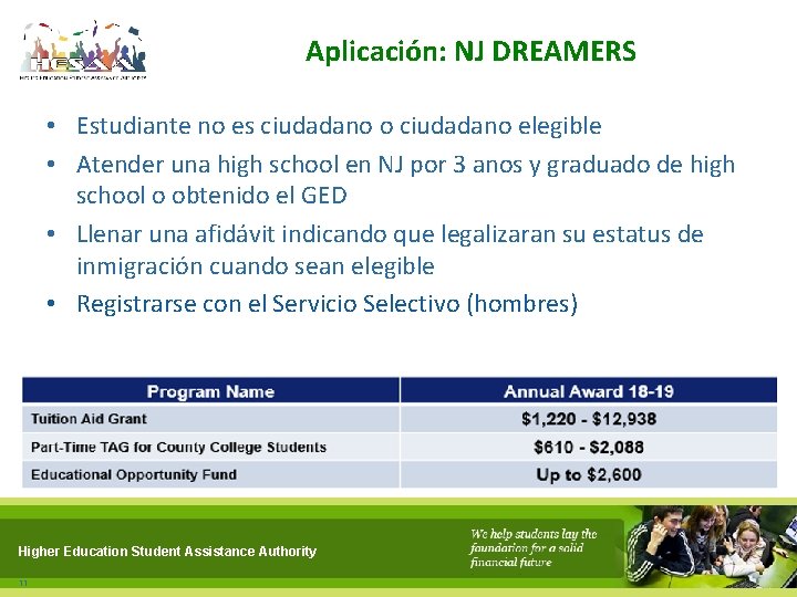 Aplicación: NJ DREAMERS • Estudiante no es ciudadano o ciudadano elegible • Atender una