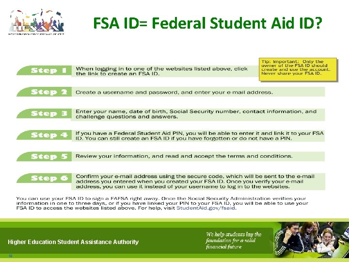 FSA ID= Federal Student Aid ID? Higher Education Student Assistance Authority 18 