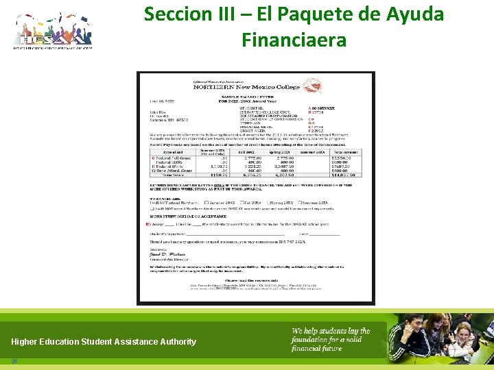 Seccion III – El Paquete de Ayuda Financiaera Higher Education Student Assistance Authority 25