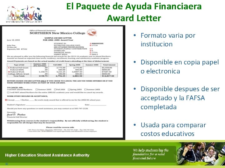 El Paquete de Ayuda Financiaera Award Letter • Formato varia por institucion • Disponible