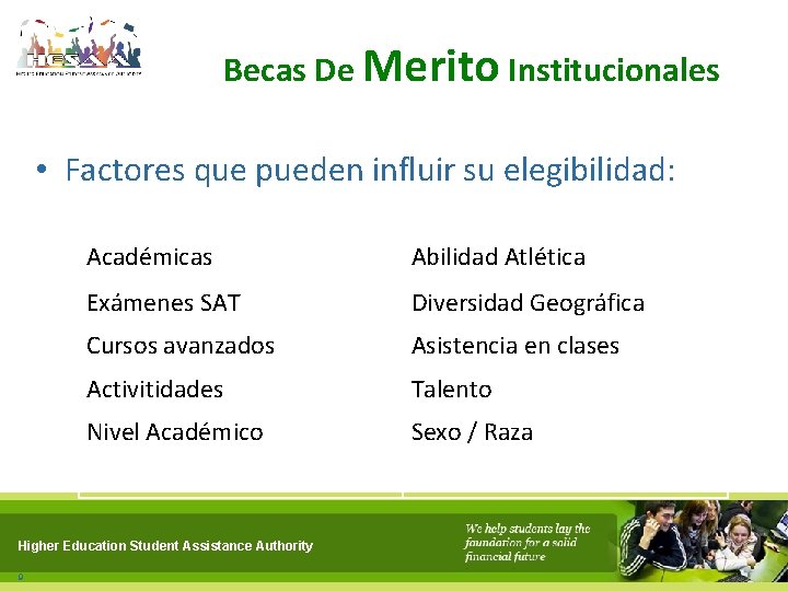 Becas De Merito Institucionales • Factores que pueden influir su elegibilidad: Académicas Abilidad Atlética