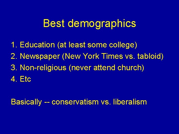 Best demographics 1. Education (at least some college) 2. Newspaper (New York Times vs.