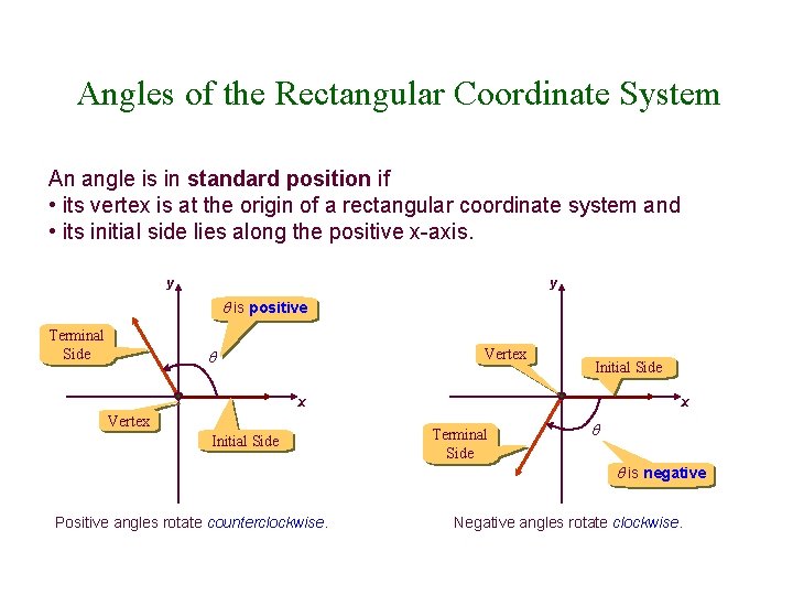 Angles of the Rectangular Coordinate System An angle is in standard position if •