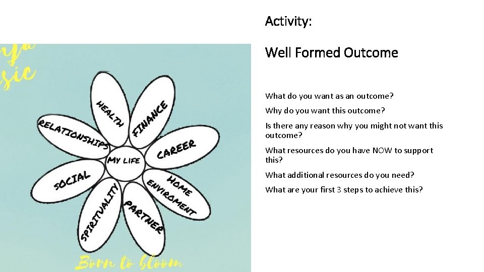 Activity: Well Formed Outcome What do you want as an outcome? Why do you