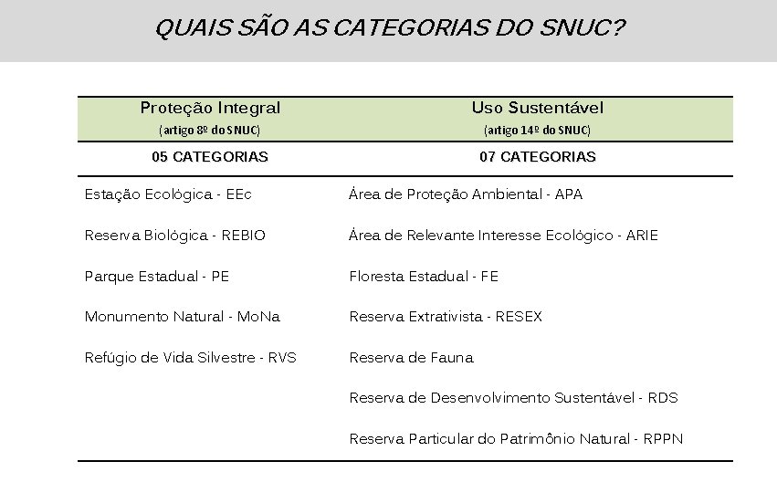 QUAIS SÃO AS CATEGORIAS DO SNUC? Proteção Integral Uso Sustentável (artigo 8º do SNUC)