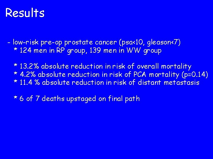 Results - low-risk pre-op prostate cancer (psa<10, gleason<7) * 124 men in RP group,