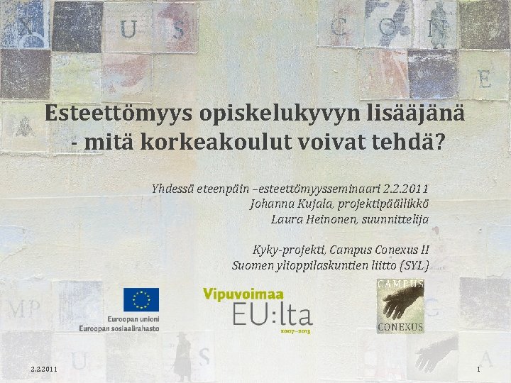 Esteettömyys opiskelukyvyn lisääjänä - mitä korkeakoulut voivat tehdä? Yhdessä eteenpäin –esteettömyysseminaari 2. 2. 2011