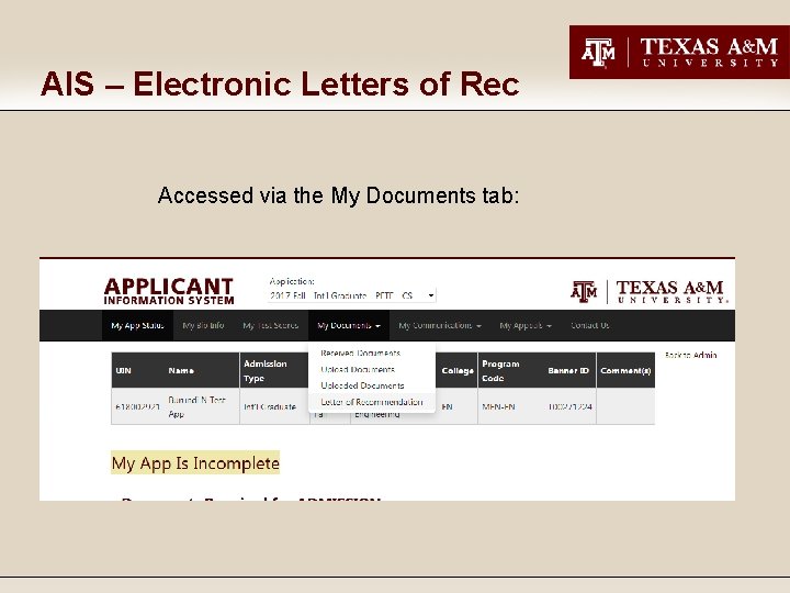 AIS – Electronic Letters of Rec Accessed via the My Documents tab: 