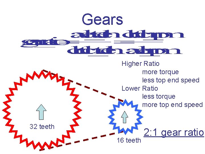 Gears Higher Ratio more torque less top end speed Lower Ratio less torque more