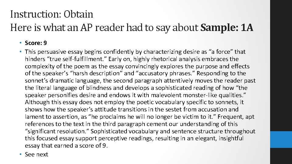 Instruction: Obtain Here is what an AP reader had to say about Sample: 1