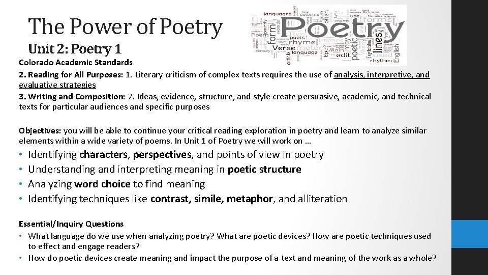 The Power of Poetry Unit 2: Poetry 1 Colorado Academic Standards 2. Reading for