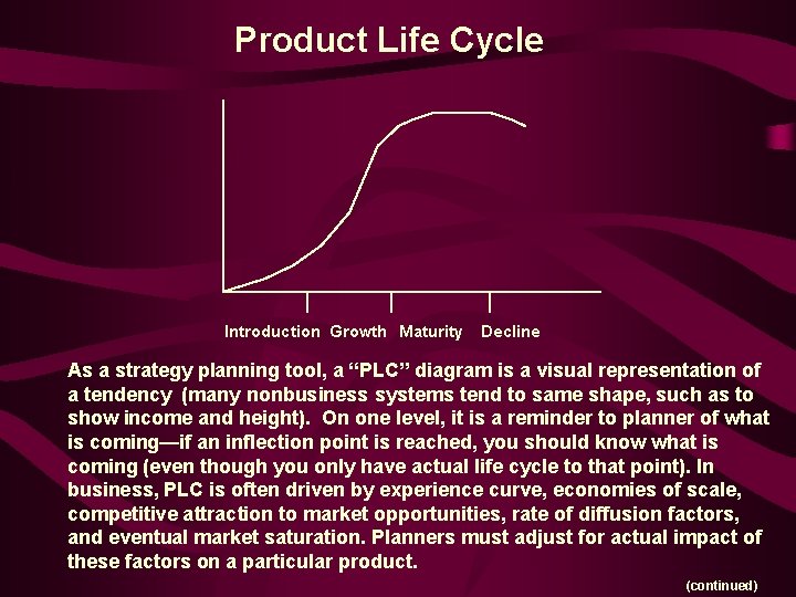 Product Life Cycle Introduction Growth Maturity Decline As a strategy planning tool, a “PLC”