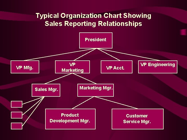 Typical Organization Chart Showing Sales Reporting Relationships President VP Marketing VP Mfg. Sales Mgr.