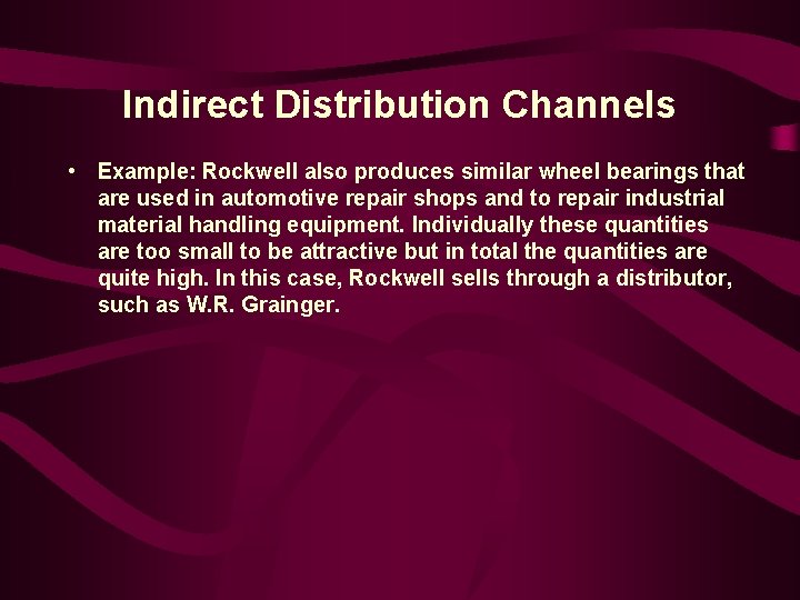 Indirect Distribution Channels • Example: Rockwell also produces similar wheel bearings that are used