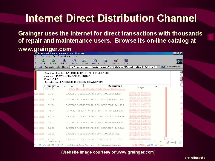 Internet Direct Distribution Channel Grainger uses the Internet for direct transactions with thousands of