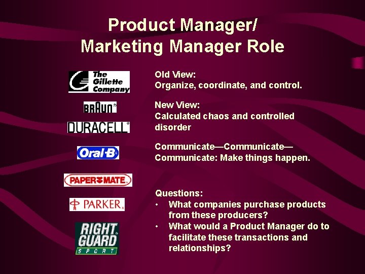 Product Manager/ Marketing Manager Role Old View: Organize, coordinate, and control. New View: Calculated