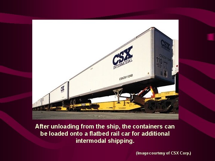 After unloading from the ship, the containers can be loaded onto a flatbed rail