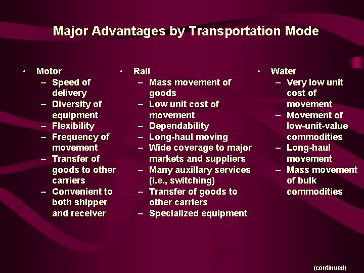 Major Advantages by Transportation Mode • Motor • – Speed of delivery – Diversity