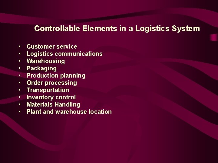 Controllable Elements in a Logistics System • • • Customer service Logistics communications Warehousing