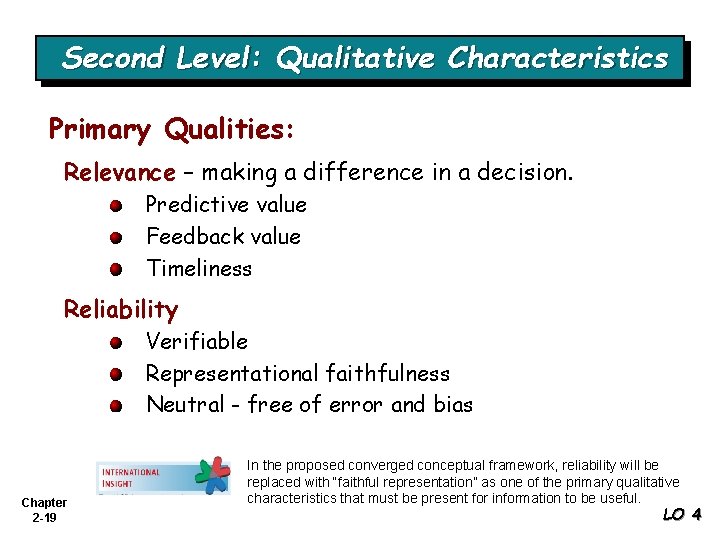 Second Level: Qualitative Characteristics Primary Qualities: Relevance – making a difference in a decision.