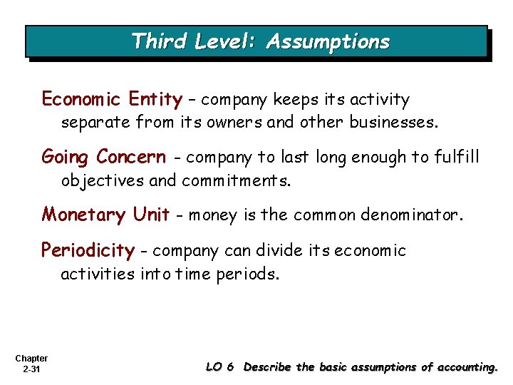 Third Level: Assumptions Economic Entity – company keeps its activity separate from its owners