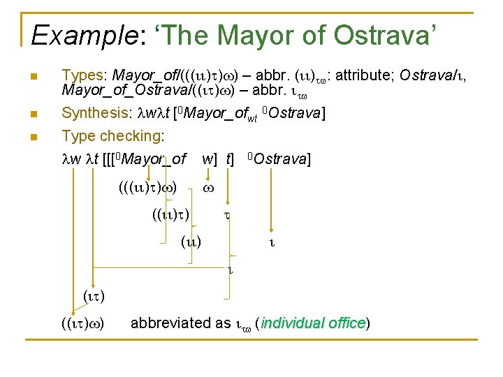 Example: ‘The Mayor of Ostrava’ n Types: Mayor_of/((( ) ) ) – abbr. (