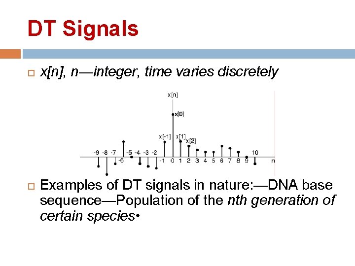 DT Signals x[n], n—integer, time varies discretely Examples of DT signals in nature: —DNA