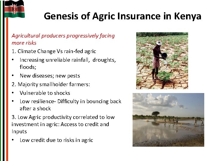 Genesis of Agric Insurance in Kenya Agricultural producers progressively facing more risks 1. Climate