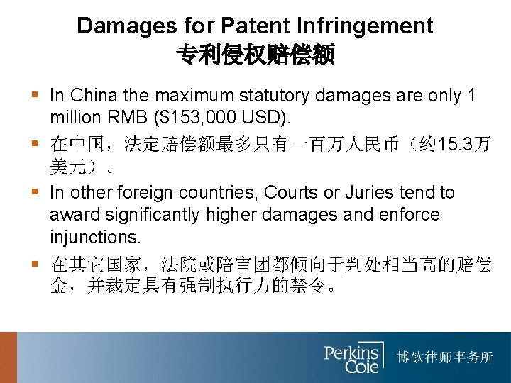 Damages for Patent Infringement 专利侵权赔偿额 § In China the maximum statutory damages are only