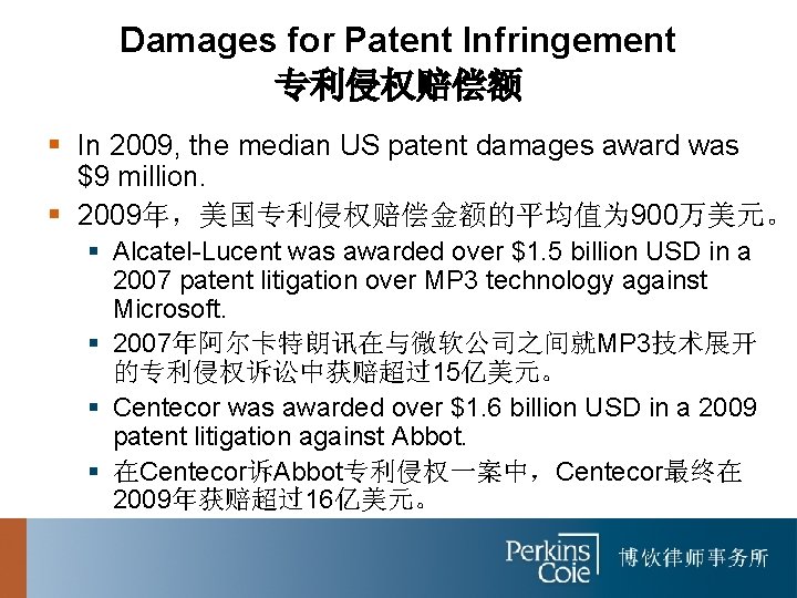 Damages for Patent Infringement 专利侵权赔偿额 § In 2009, the median US patent damages award