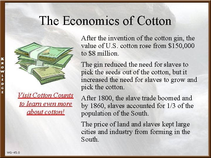 The Economics of Cotton After the invention of the cotton gin, the value of