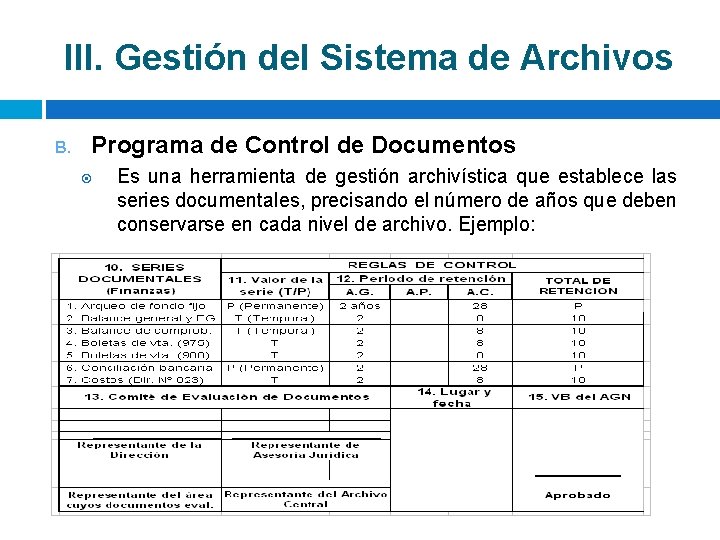 III. Gestión del Sistema de Archivos B. Programa de Control de Documentos Es una