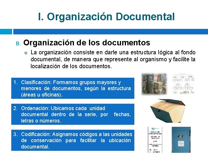I. Organización Documental B. Organización de los documentos La organización consiste en darle una