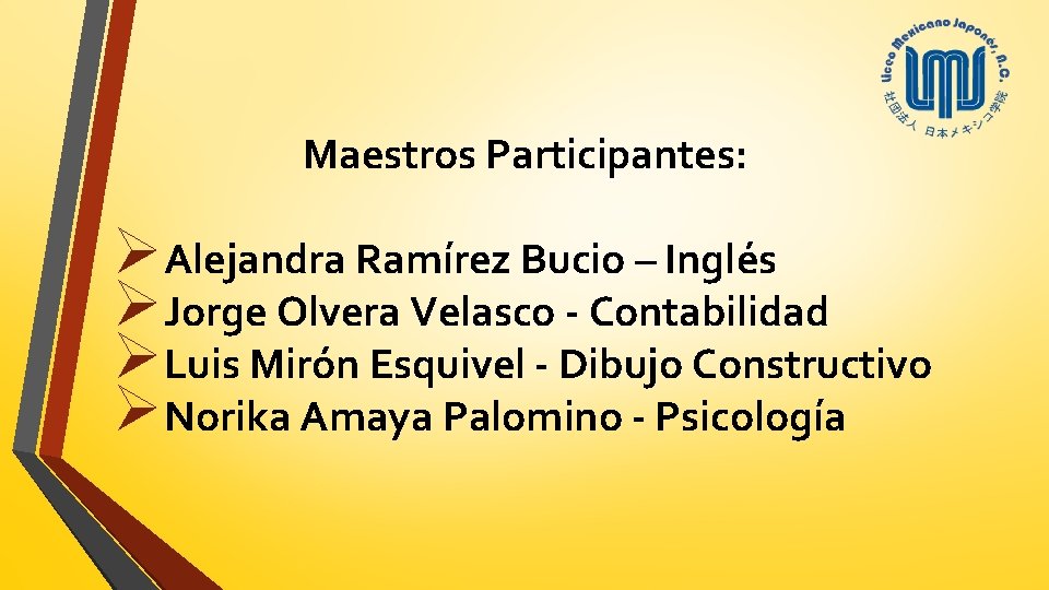 Maestros Participantes: ØAlejandra Ramírez Bucio – Inglés ØJorge Olvera Velasco - Contabilidad ØLuis Mirón