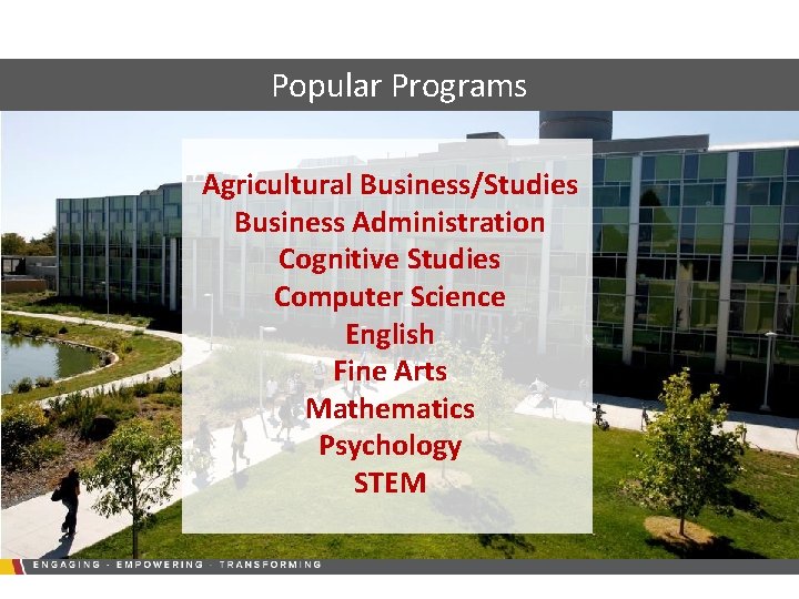 Popular Programs Agricultural Business/Studies Business Administration Cognitive Studies Computer Science English Fine Arts Mathematics