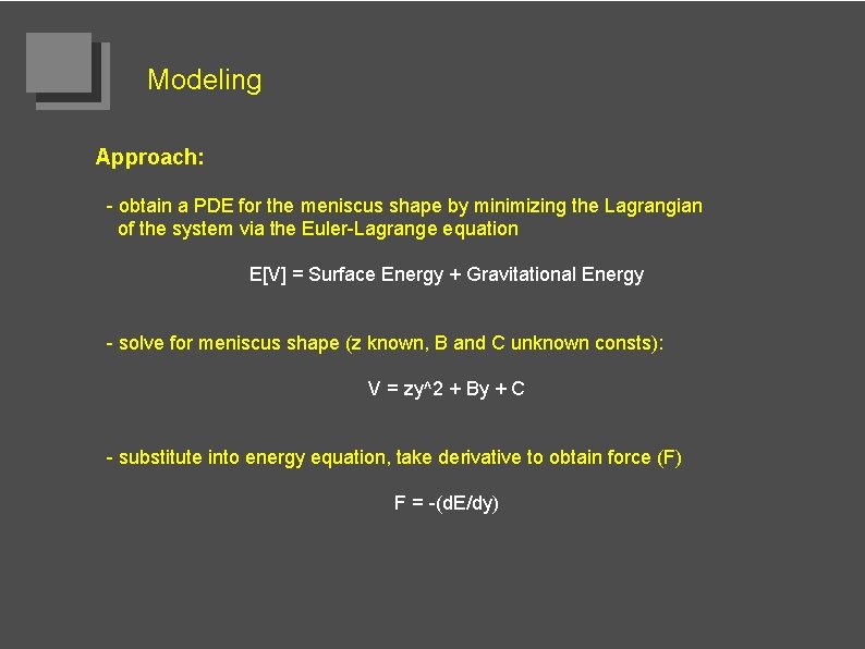 Modeling Approach: - obtain a PDE for the meniscus shape by minimizing the Lagrangian