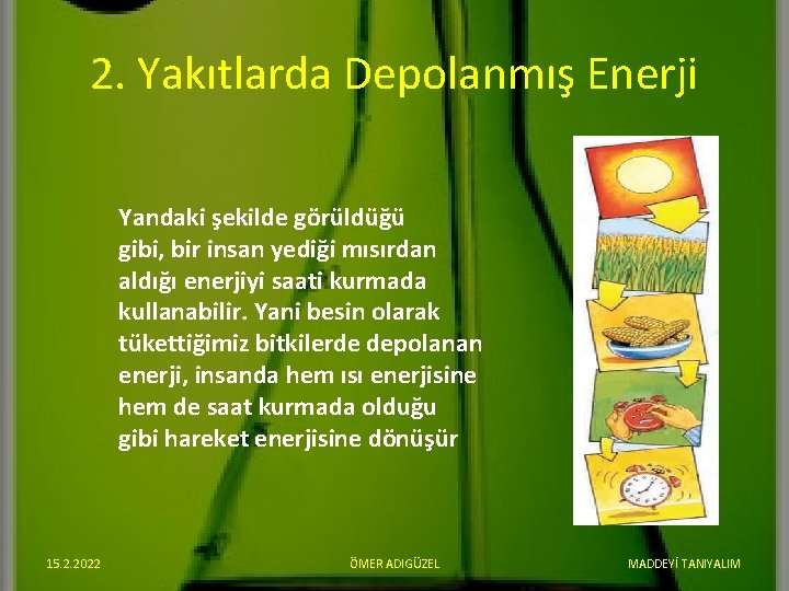 2. Yakıtlarda Depolanmış Enerji Yandaki şekilde görüldüğü gibi, bir insan yediği mısırdan aldığı enerjiyi