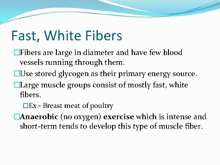 Fast, White Fibers �Fibers are large in diameter and have few blood vessels running
