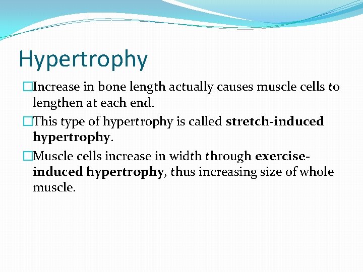 Hypertrophy �Increase in bone length actually causes muscle cells to lengthen at each end.