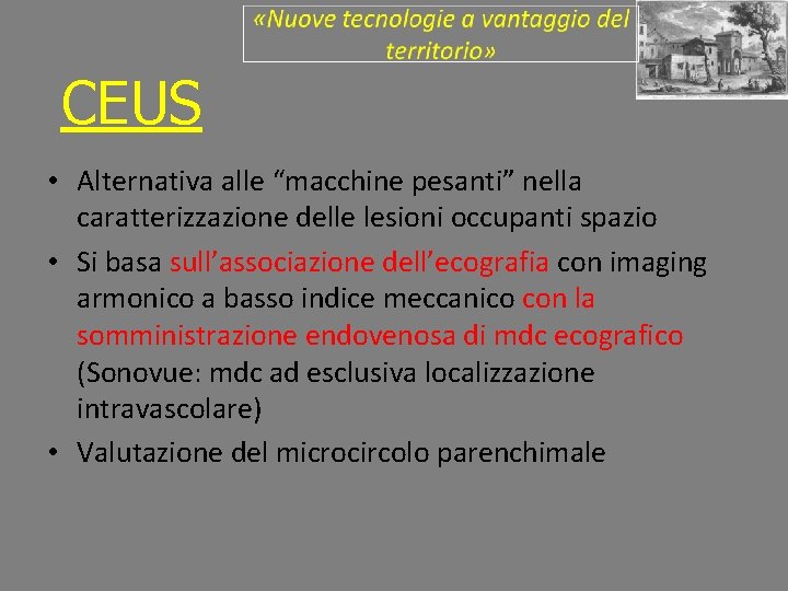 CEUS • Alternativa alle “macchine pesanti” nella caratterizzazione delle lesioni occupanti spazio • Si