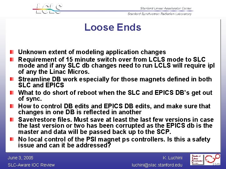 Loose Ends Unknown extent of modeling application changes Requirement of 15 minute switch over