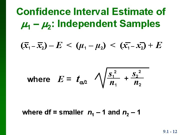 Confidence Interval Estimate of 1 – 2: Independent Samples (x 1 – x 2)