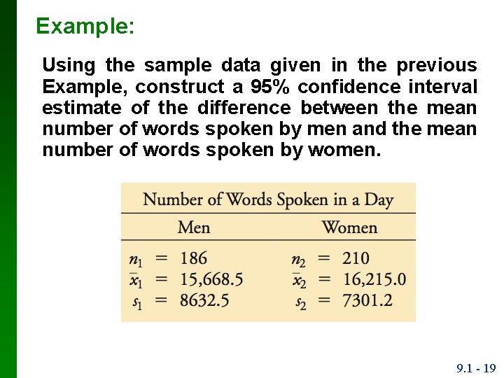 Example: Using the sample data given in the previous Example, construct a 95% confidence