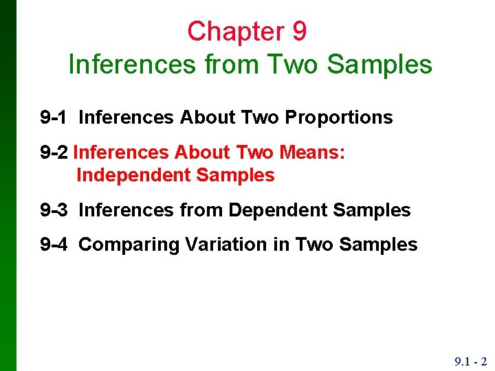 Chapter 9 Inferences from Two Samples 9 -1 Inferences About Two Proportions 9 -2